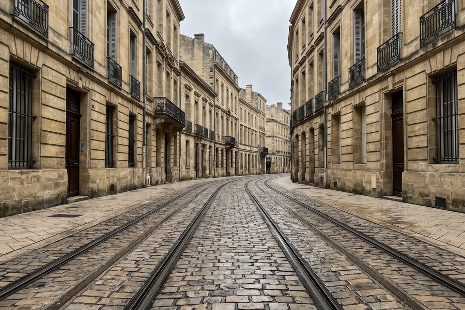 Rails de tram sur un pavé clair au pied d'une façade en pierre blonde, par temps couvert